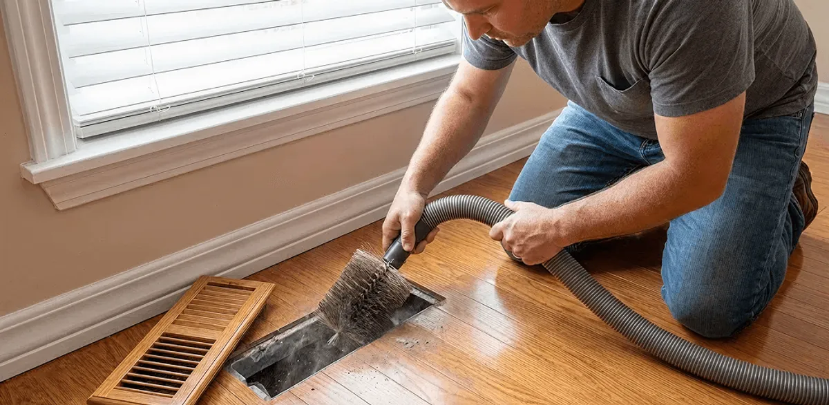 Air duct cleaning technician vacuuming a floor vent and duct opening in Gilbert, AZ