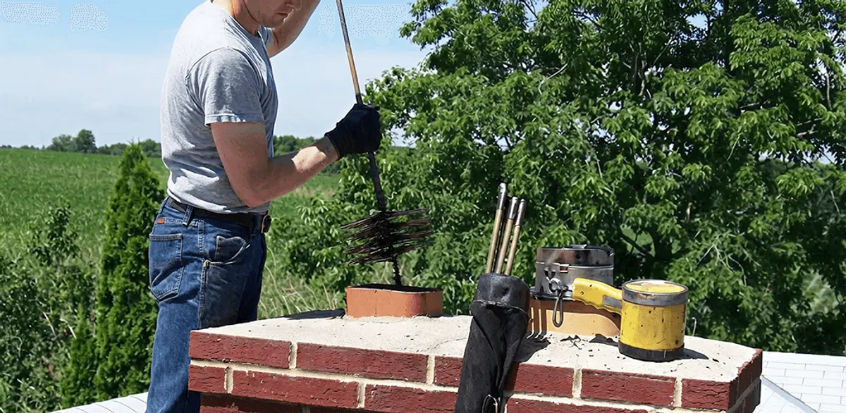 Chimney cleaning technician working on a rooftop chimney with professional tools in Gilbert, AZ