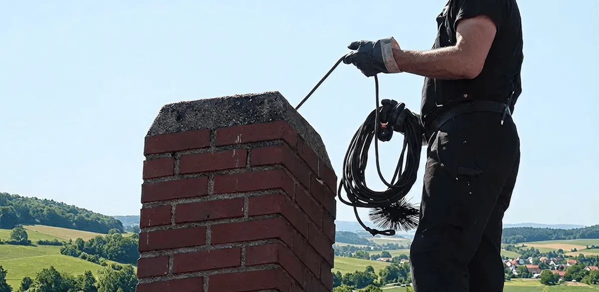 Chimney sweep inspecting and cleaning a rooftop chimney in Gilbert, AZ