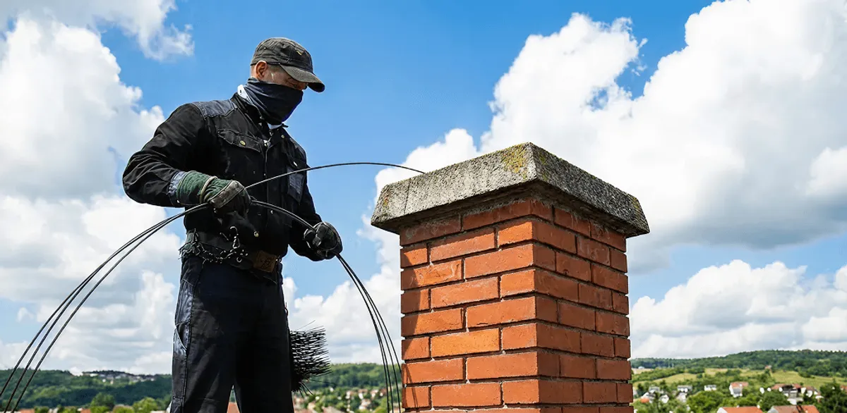 Chimney sweep cleaning a brick chimney with professional tools in Gilbert, AZ