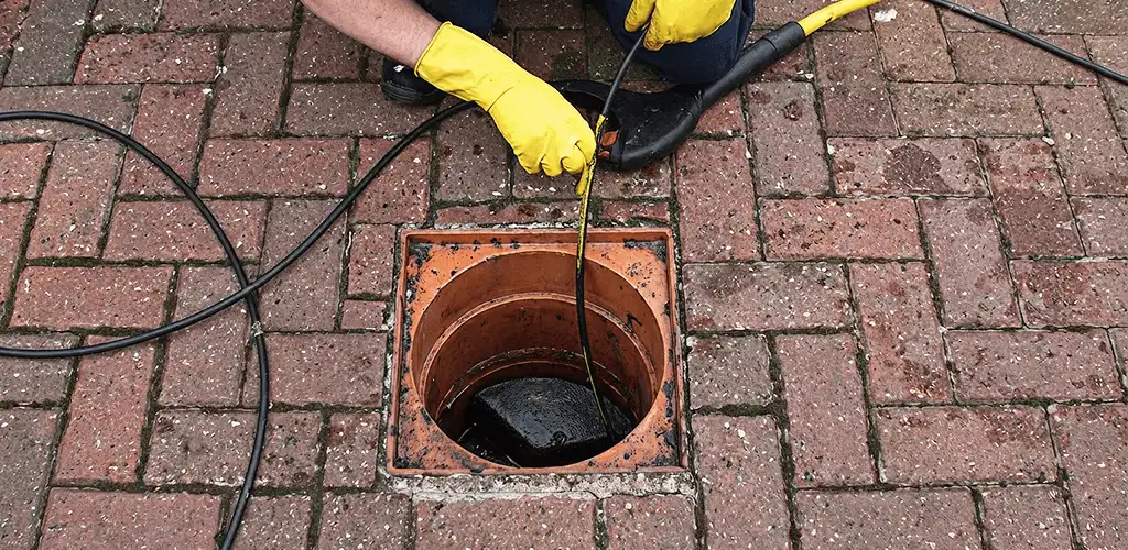 Drain cleaning technician using a drain snake to clear a clogged drain in Gilbert, AZ