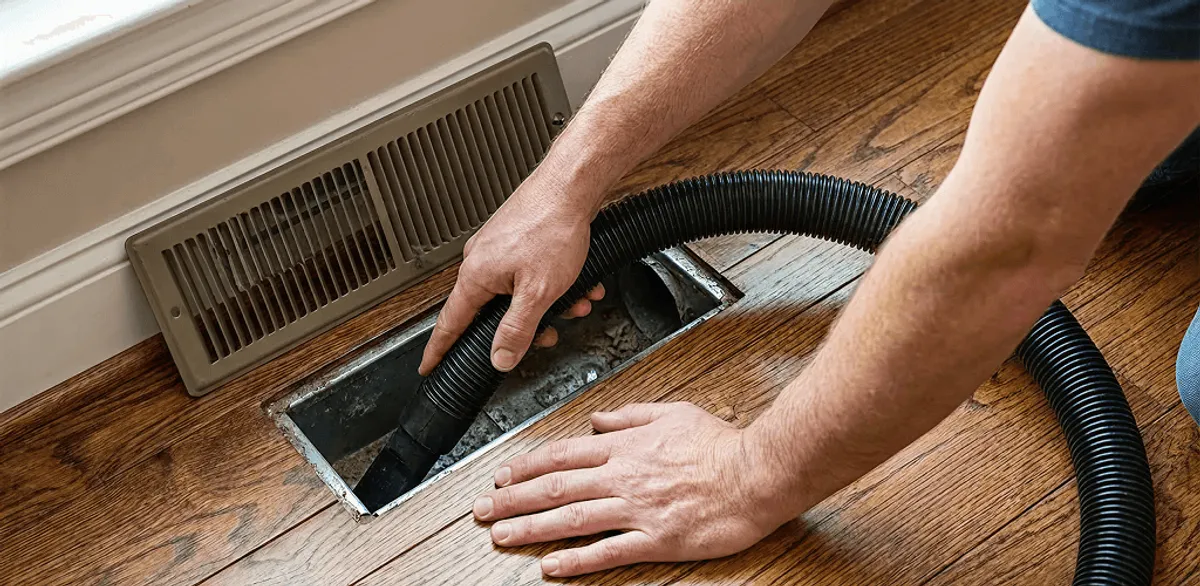 Air duct cleaning technician vacuuming a floor register and duct opening in Gilbert, AZ