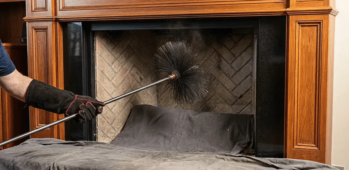 Chimney cleaning service brushing soot from a fireplace and flue in Gilbert, AZ