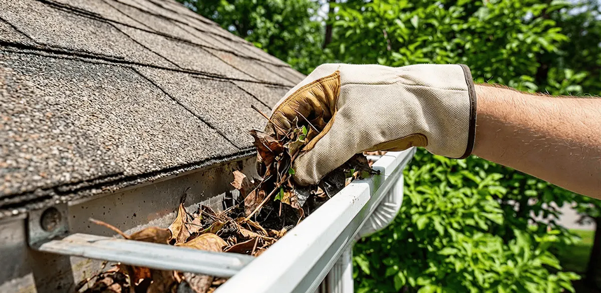Gutter cleaning removing leaves and debris from roof gutters in Gilbert, AZ