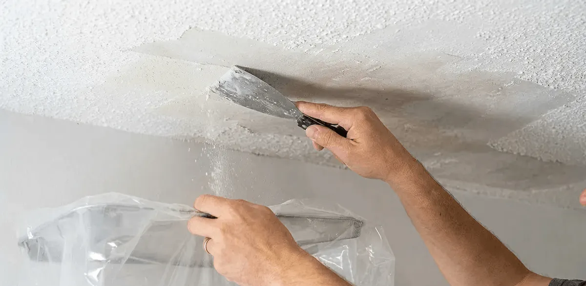 Popcorn ceiling removal technician scraping texture from a ceiling in Gilbert, AZ