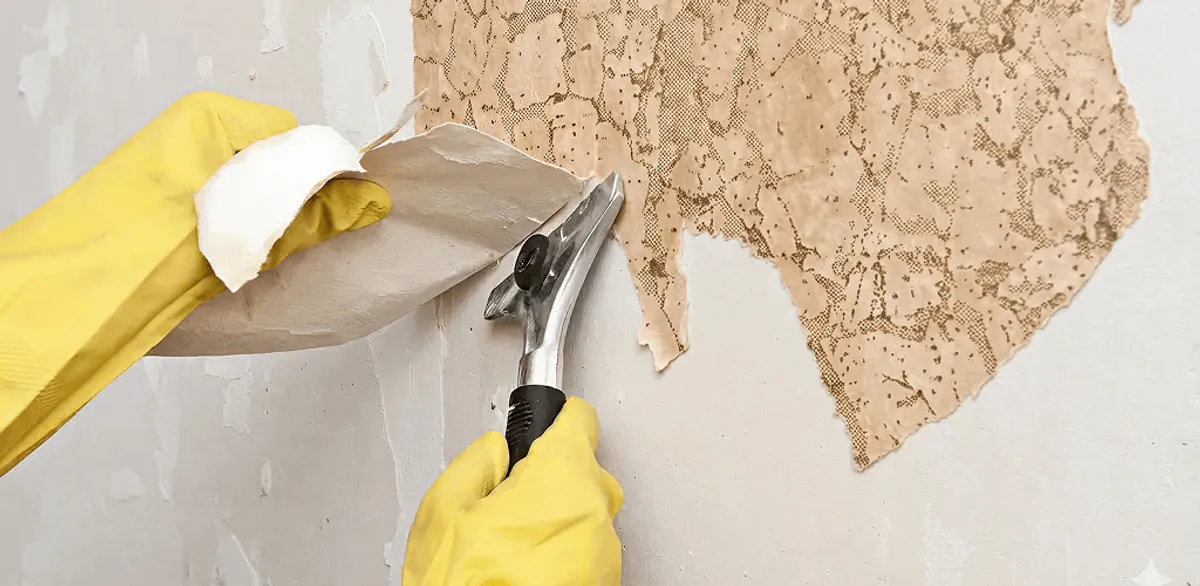 Wallpaper removal service stripping old wallpaper from a wall in Gilbert, AZ