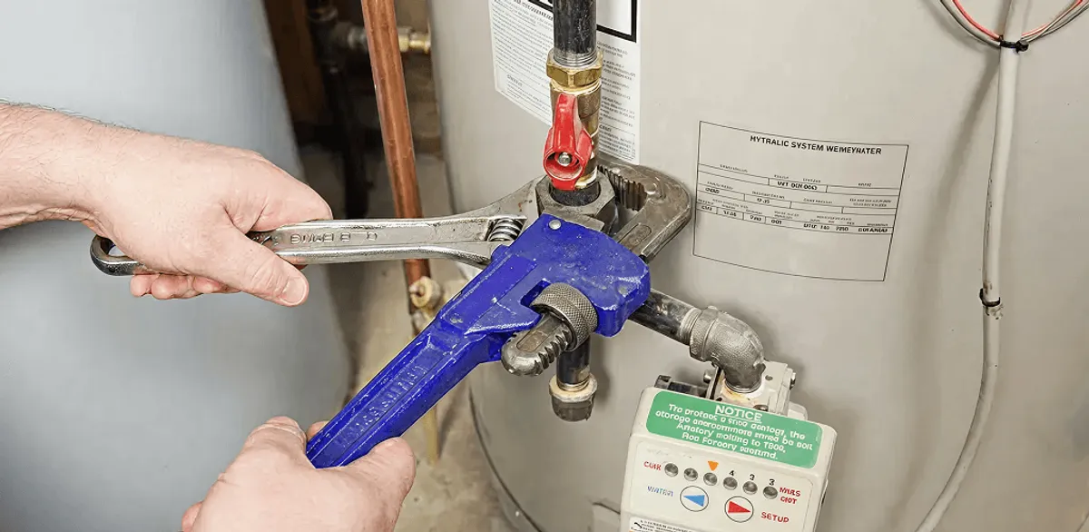 Water heater repair technician tightening the shutoff valve and supply line in Gilbert, AZ