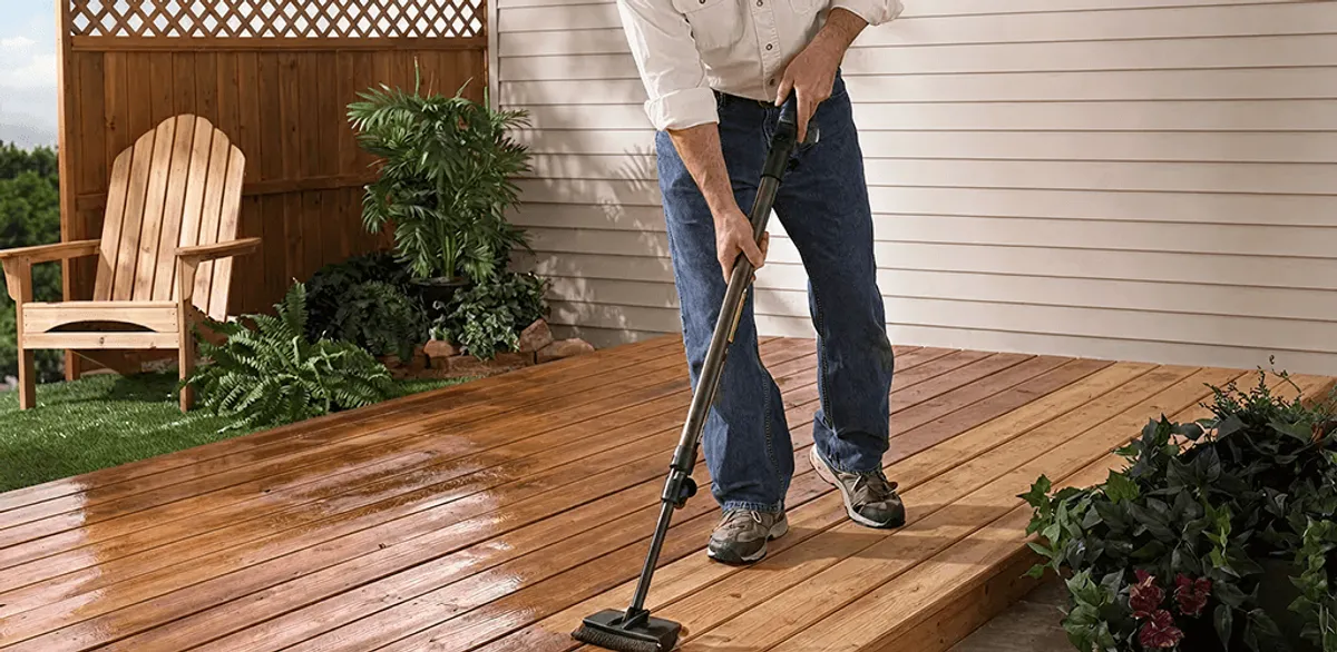Deck staining service applying stain to a backyard wood deck in Gilbert, AZ